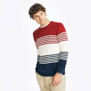 Nautica Men Navtech Striped Crewneck Sweater Classic Knit Red Navy Blue White